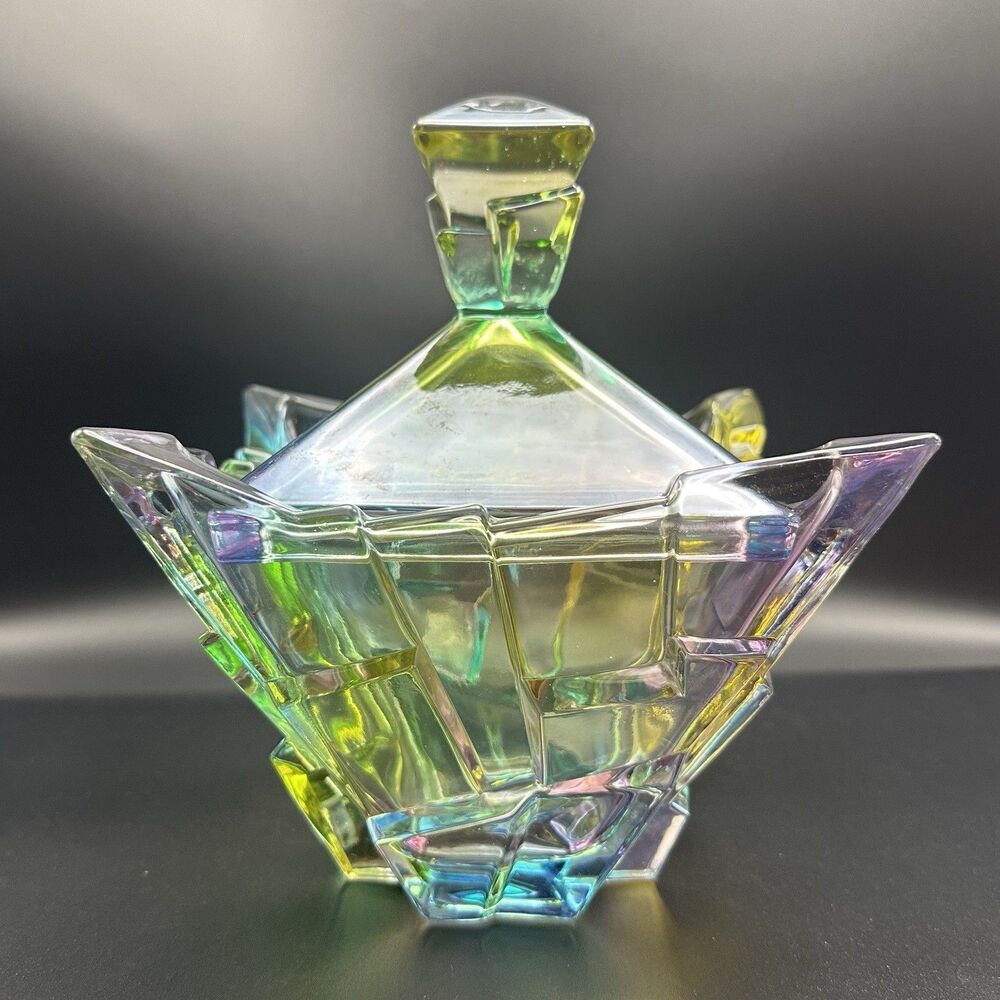 Vintage Multicolor Pressed Glass Candy Dish Lid Geometric Stained Glass Look